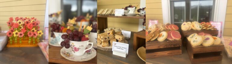 Garden-inspired refreshments at The Commons, including fruit skewers, tea cup charcuterie, sandwiches and floral shortbread cookies arranged for a garden party.