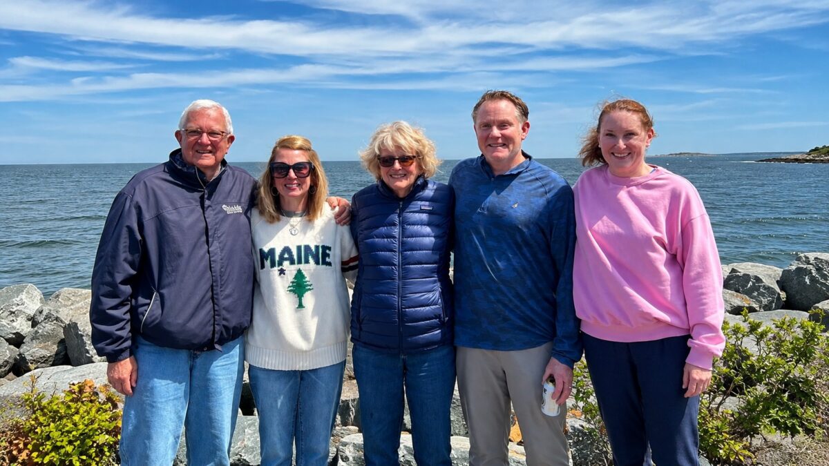 Merry and Terry R. enjoy dinner with their son and two daughters at a lobster restaurant in Cape Elizabeth, Maine.