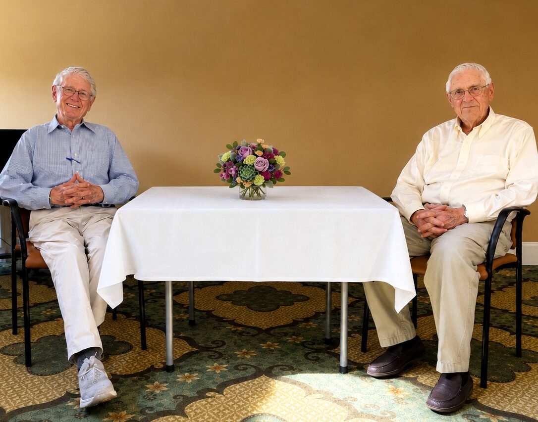 Dr. Timothy Johnson and Ted Koppel seated on either side of a white-covered table with a floral arrangement during a special event at The Commons in Lincoln.