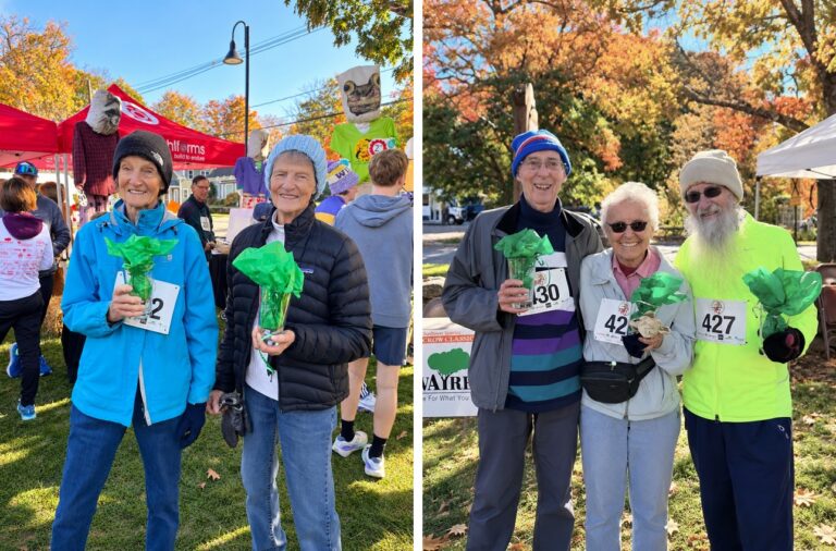 Five smiling participants from The Commons in Lincoln pose with their awards in two photos following the Scarecrow Classic 5K, surrounded by colorful fall foliage.